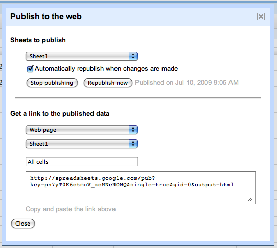 Publishing a Google Docs spreadsheet