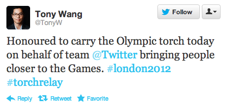 Twitter's Tony Wang Olympic Torchbearer tweet
